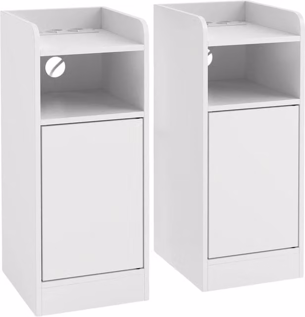 Set di 2 comodini HOMCOM con stazione di ricarica, armadietto e ripiano, Bianco, L/P/H: 25 x 30 x 60 cm