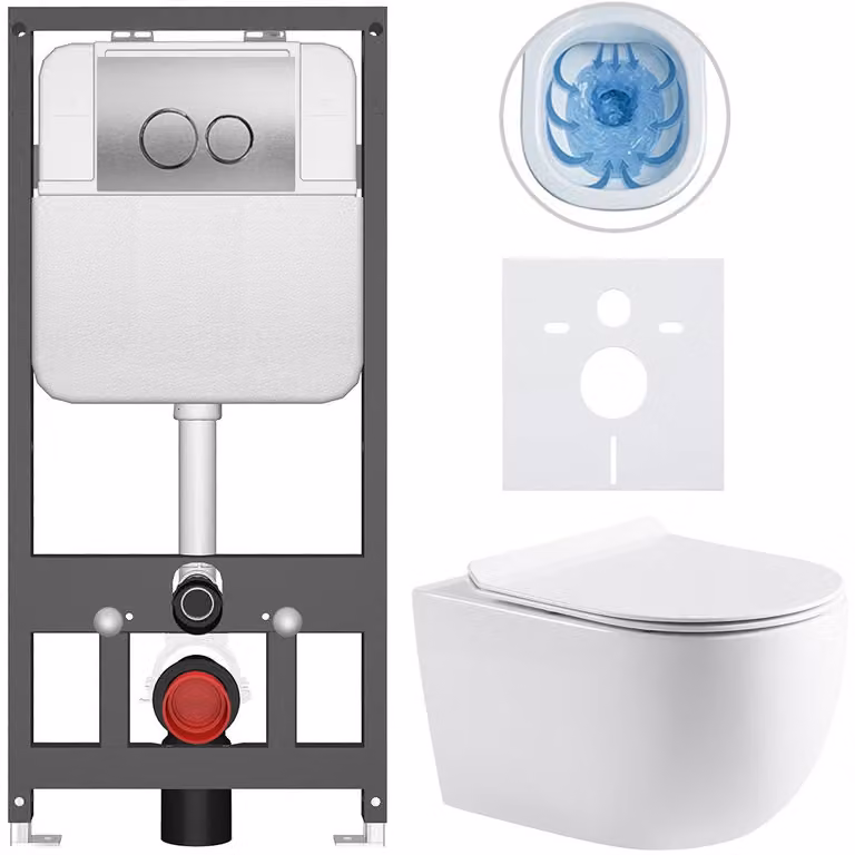 CERANO - Set WC da incasso Felci - bianco lucido - pulsante Prime/Duoalo, argento - sospeso - installazione pre-parete/cartongesso - 53x37 cm