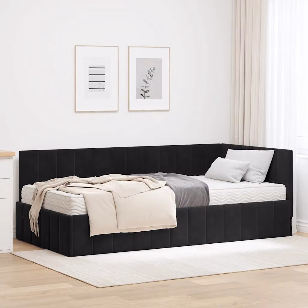 vidaXL Struttura Letto Angolare con 2 Materassi in Velluto Nero L/P/H: 90 x 200 x 72 cm – 1