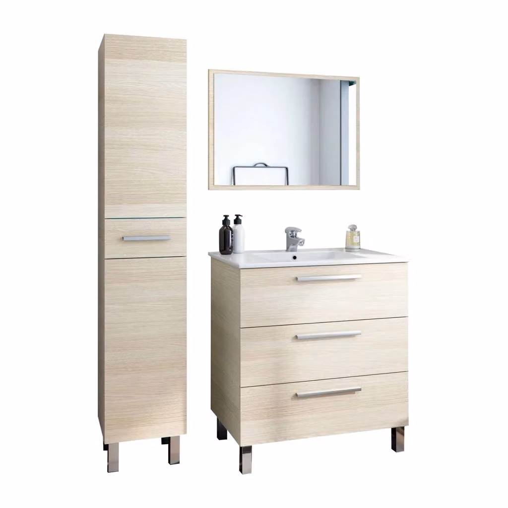 Set Mobili Bagno Moderno DMORA con Mobile Lavabo e Colonna, Colore Marrone Rovere e Beige – 2