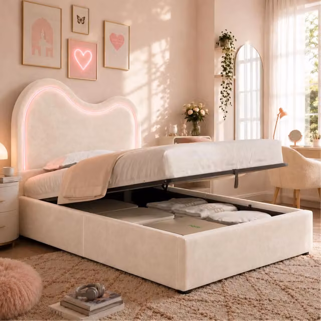 Letto singolo imbottito per bambini 90x200 cm con contenitore idraulico; rete a doghe e LED; beige