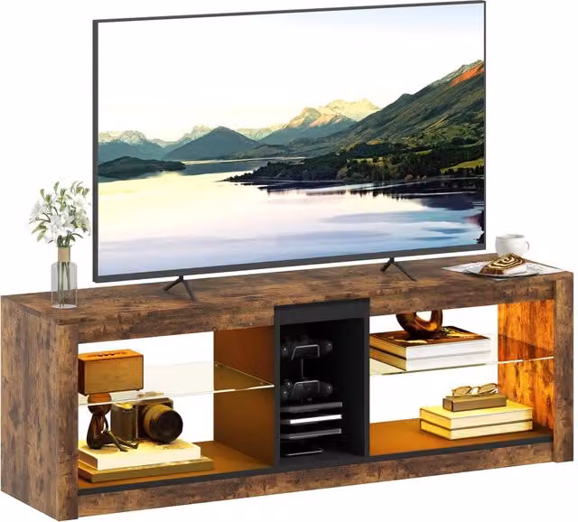 Mobile TV Minimal con luci LED e telecomando in legno e vetro, marrone, L 140 cm x P 35 cm x H 47 cm