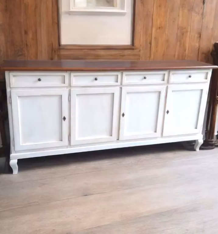 Madia credenza shabby chic con 4 porte in legno bianco e noce Mobili 2G L: 205 cm, P: 45 cm, H: 98 cm – 2