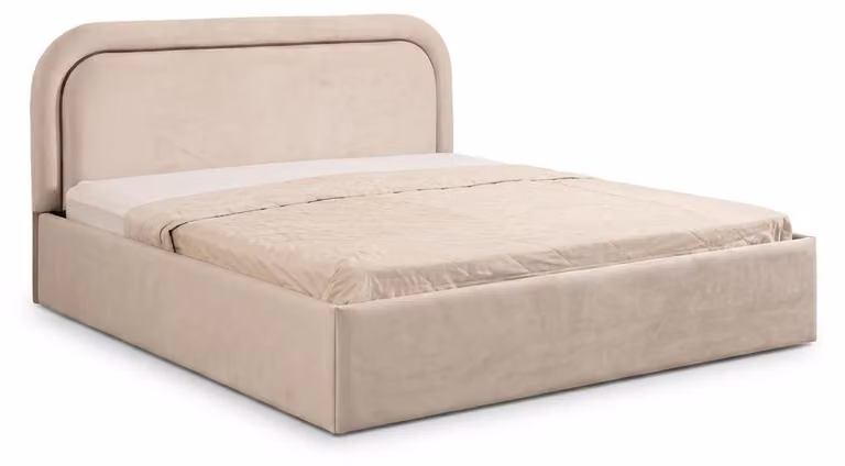 Letto grande, color beige, con rivestimento in tessuto e testiera moderna