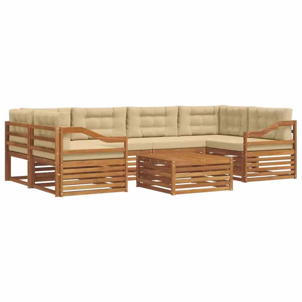 Set di divani da esterno vidaXL a forma di L composto da 7 pezzi in legno di acacia con cuscini in tessuto beige e sabbia e tavolino da caffè incluso – 2