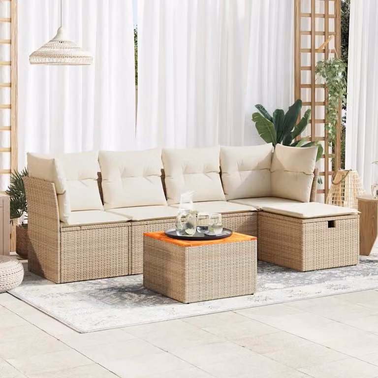 Set Divano da Giardino vidaXL 6 pz a Forma a L con Cuscini Beige e Tavolino, Design Moderno in Polyrattan e Acciaio con Struttura in Legno di Acacia