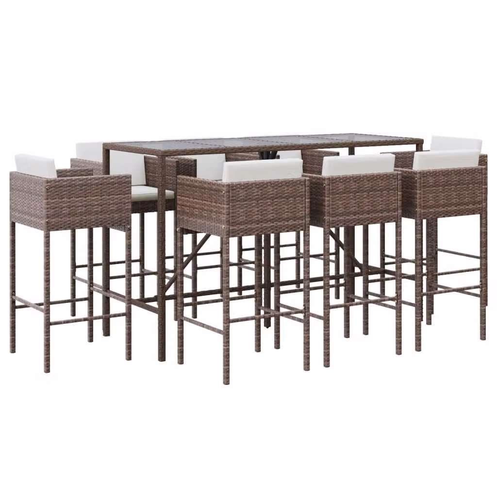 Set Bar da Giardino 9 pz con Cuscini in Polyrattan Marrone