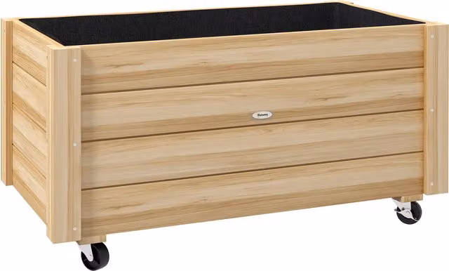 Fioriera da giardino rialzata Outsunny in legno di abete marrone con foro di drenaggio e rotelle, L: 89 cm, P: 48 cm, H: 47 cm