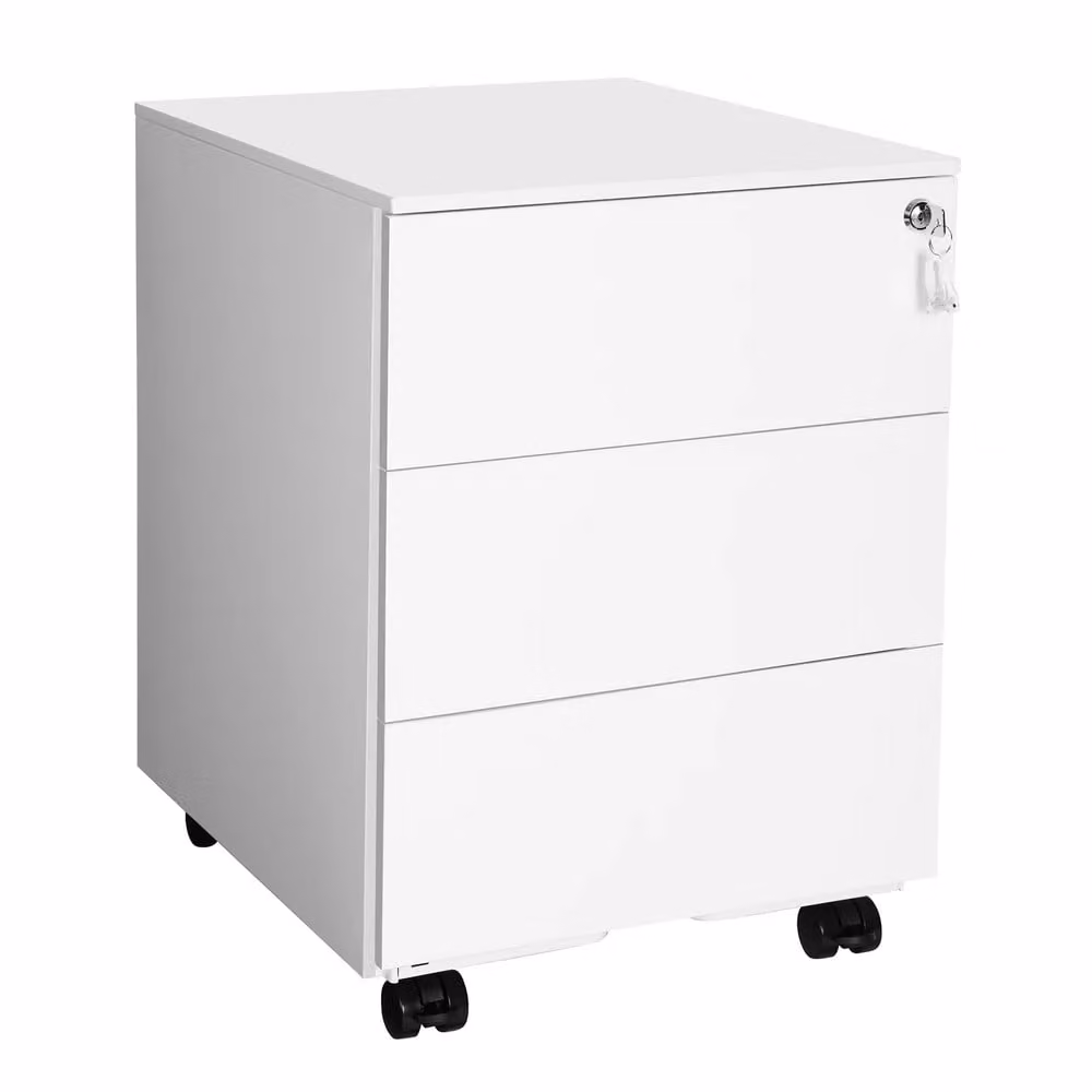 Cassettiera da Ufficio Studio Mobiletto con Ruote, Bianco / 3 Cassetti (53,8H cm)