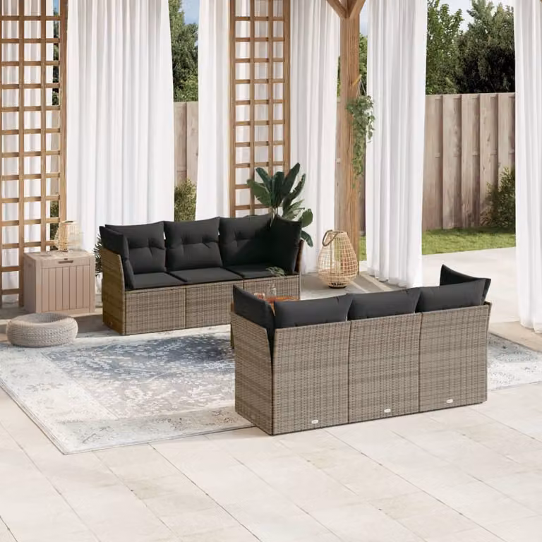 Set di divani da giardino vidaXL in polyrattan grigio con cuscini e tavolino da esterno a forma di L per 7 persone