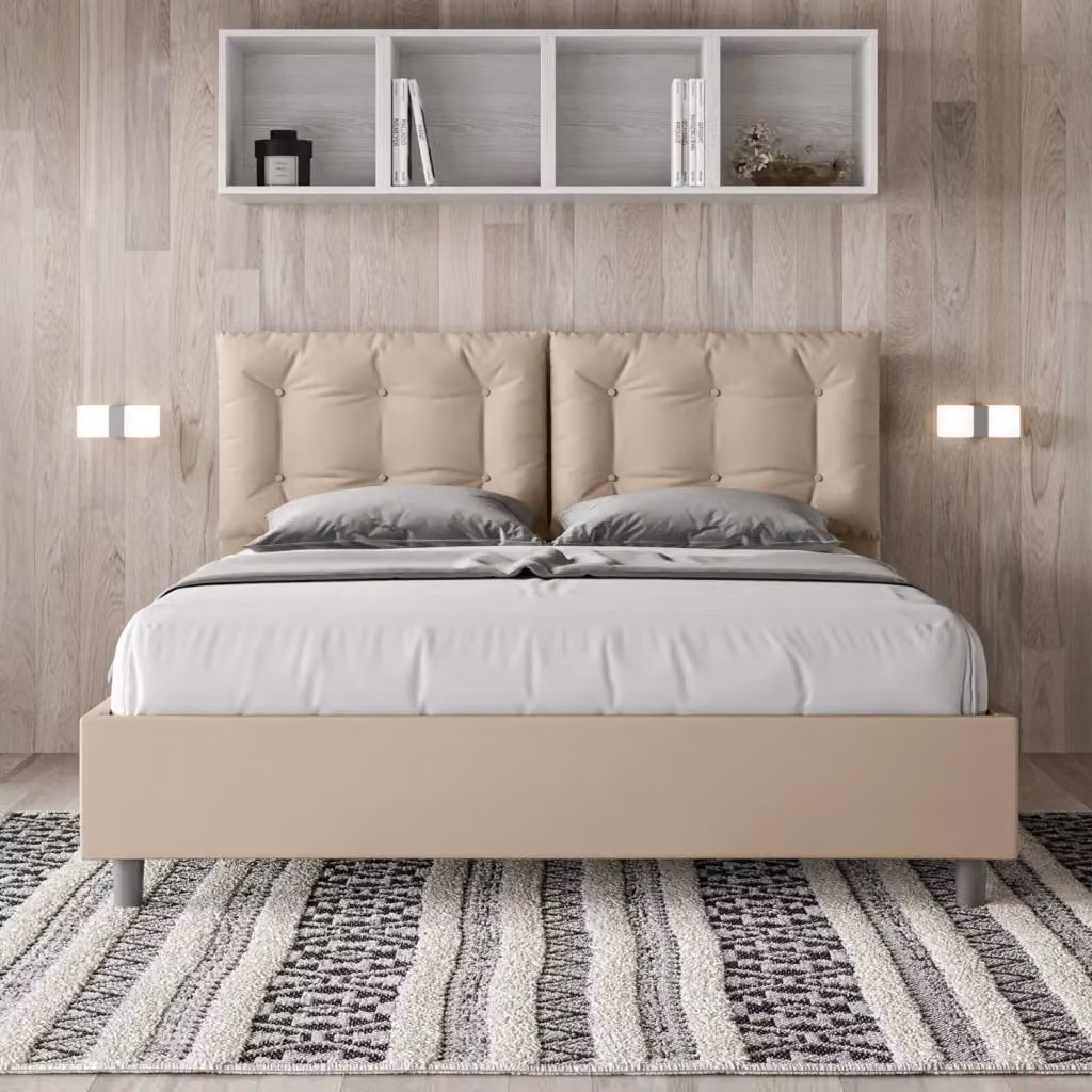 Letto Matrimoniale Annalisa con Contenitore e Rete ad Alzata Imbottito in Similpelle Beige L/P: 160 x 190 cm – 2