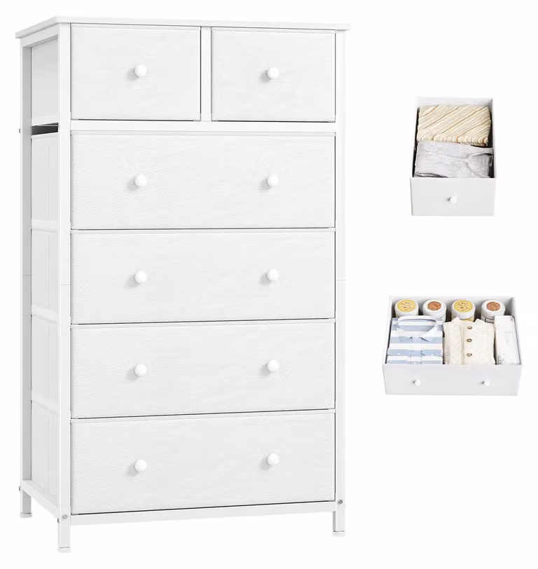 Cassettiera con 6 cassetti in tessuto - Comò bianco - 40 x 60 x 102,5 cm - Struttura in acciaio - Mobile contenitore