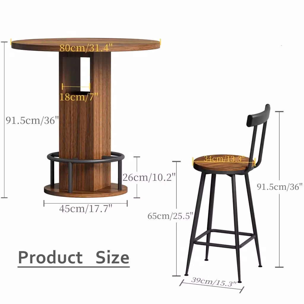 Set di 3 pezzi composto da tavolo bar rotondo REDOM in noce e 2 sgabelli in stile mid-century, Diametro: 80 cm – 2