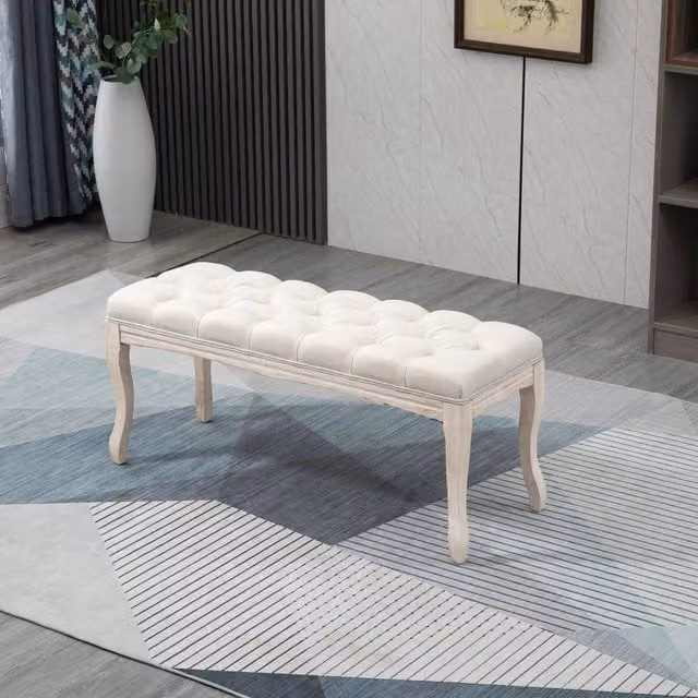 Panca imbottita REDOM in tessuto beige con gambe in legno di gomma L: 180 cm, P: 40 cm, H: 48 cm
