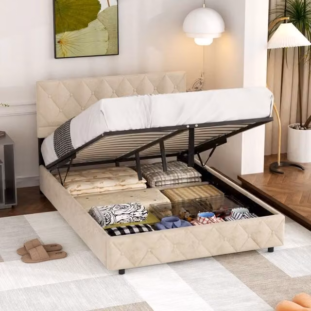 Letto imbottito 140×190 cm con testiera trapuntata a bottoni, letto contenitore in velluto, senza materasso
