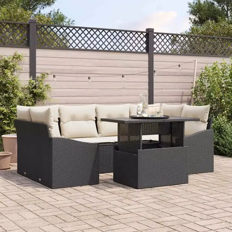 Set Divano da Giardino vidaXL 7 Pezzi in Polyrattan Nero con Cuscini e Tavolino da Caffè con Funzione di Archiviazione