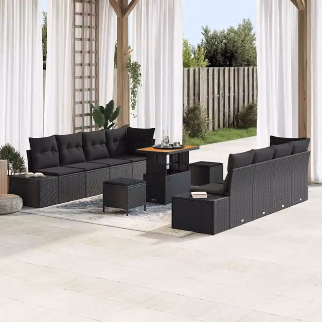 Set Divano da Giardino a Forma di U con Tavolino e Ottoman vidaXL Nero