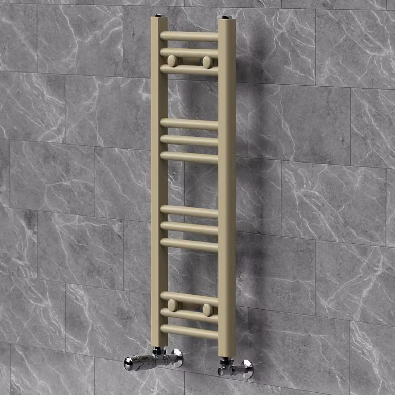 Asciugamani radiante LuxeBath 300x800 mm, radiatore per il bagno con valvola termostatica, asciugamani Sahara a parete con attacco laterale, portasciugamani, color beige
