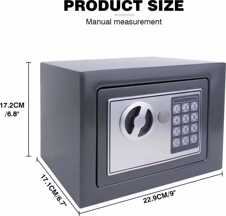 Cassaforte - Cassaforte elettronica da 4,6 l - Struttura in acciaio - Codice PIN + chiave - Blocco dopo 3 tentativi - 4 batterie AA - Dimensioni 170×230×170 mm - Grigio
