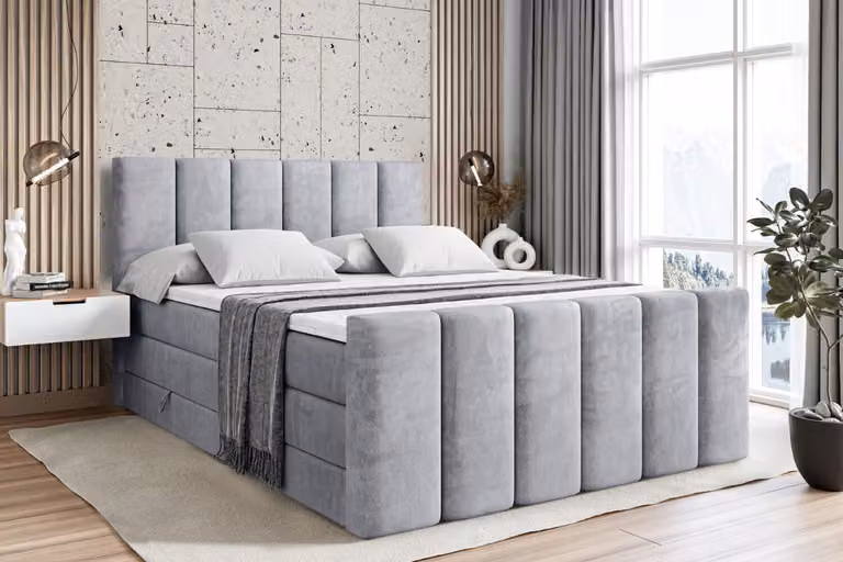 Letto boxspring ALTDECOR con pediera, 2 materassi e topper - 120x200 cm - BOXI1-Z KING - Velluto grigio chiaro - Letto imbottito con materassi H3 e H4, contenitore e rete a doghe, letto con contenitore
