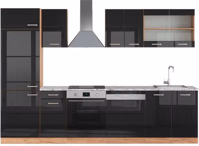 Cucina componibile moderna Vicco R-Line con piano in marmo, larghezza: 300 cm, finitura nero lucido e rovere dorato