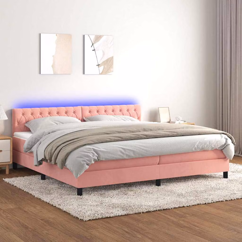 Letto a Molle con Materasso e LED vidaXL in Velluto Rosa, L/P: 200 x 200 cm – 1