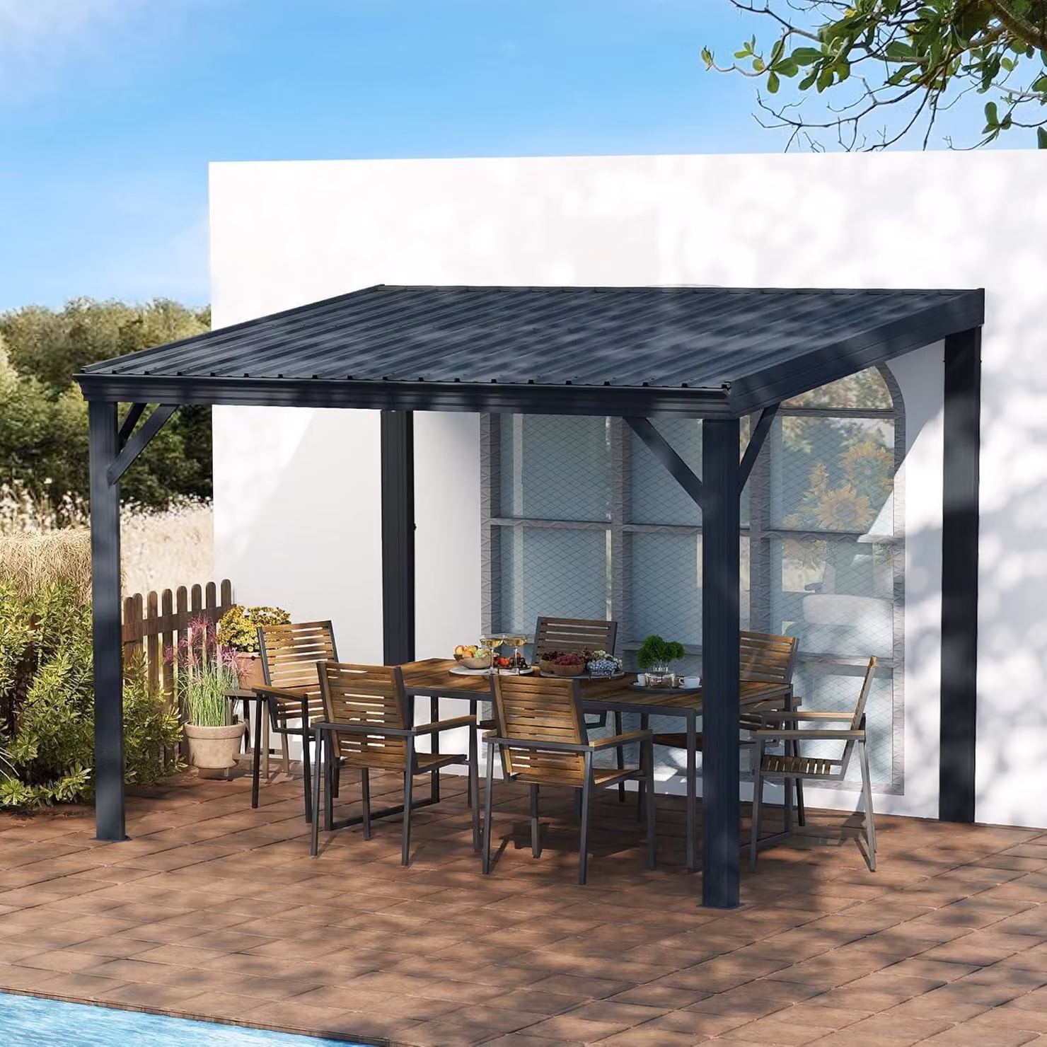 Gazebo da parete, grigio, dimensioni 3 x 3,6 metri, dotato di sistema di drenaggio e tetto in acciaio zincato