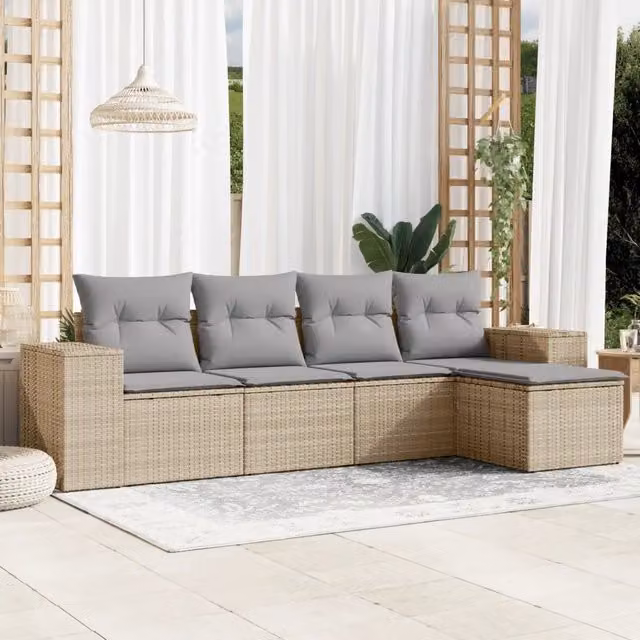 Set Divano da Giardino 5 pz con Cuscini Beige in Polyrattan 3222488