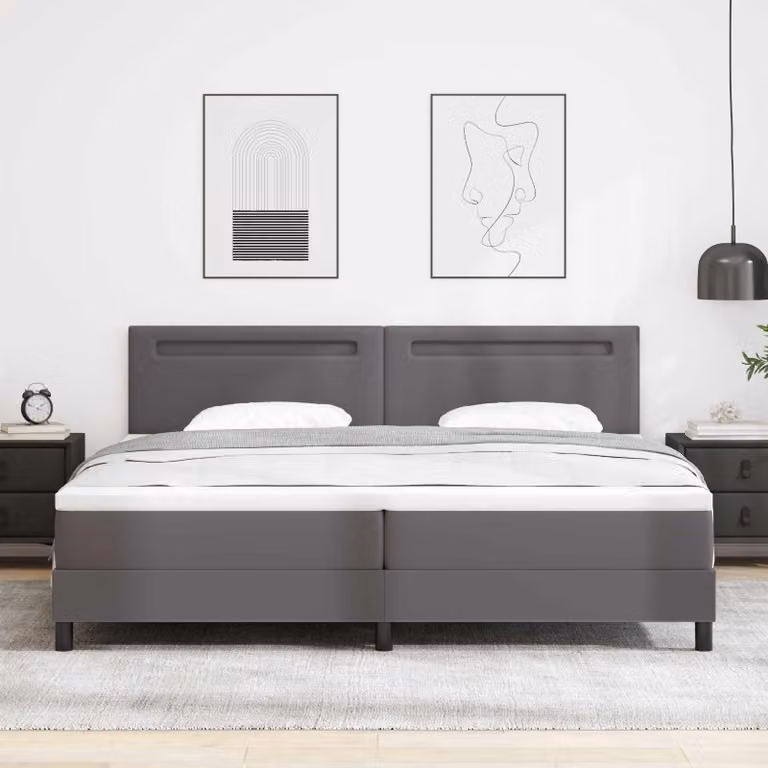 Letto a molle con testiera vidaXL in pelle sintetica grigia con illuminazione sottostante e porta USB, L/P/H: 200 x 200 x 280 cm