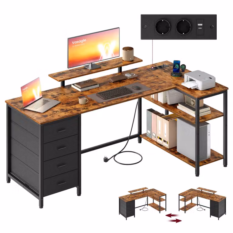 Scrivania angolare a L con prese di corrente scrivania da gaming, Marrone Vintage / 160 x 80 cm