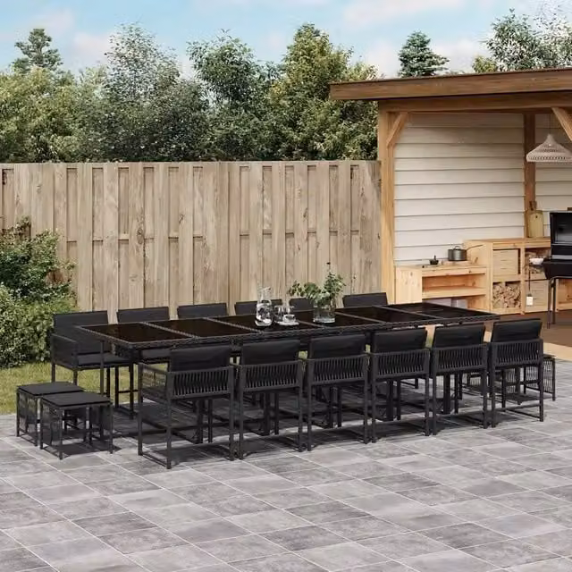 Set da Pranzo da Giardino vidaXL in Polyrattan Nero con Cuscini e Tavolo in Vetro, 17 Pezzi – 1