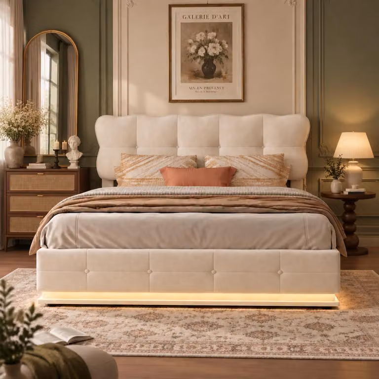 Letto imbottito INONEFT, 160x200 cm, con illuminazione LED, contenitore con sistema idraulico, struttura del letto con rete a doghe, senza materasso, in velluto, color beige