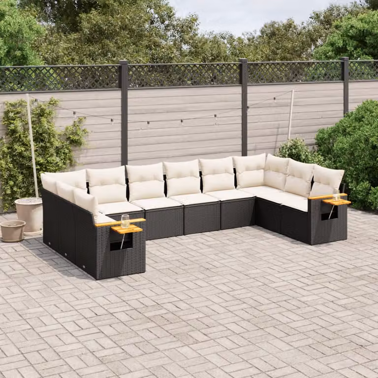Set di divani da giardino vidaXL a forma di U composto da 10 pezzi con cuscini in polyrattan nero e tavolo da caffè esterno