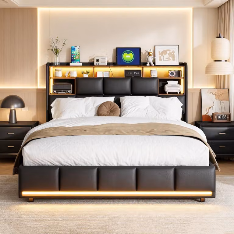 Letto imbottito INONEFT, 140 x 200 cm, con illuminazione LED; letto box con sistema idraulico e spazio contenitore; letto matrimoniale con testiera contenitore e rete a doghe; materiale: PU