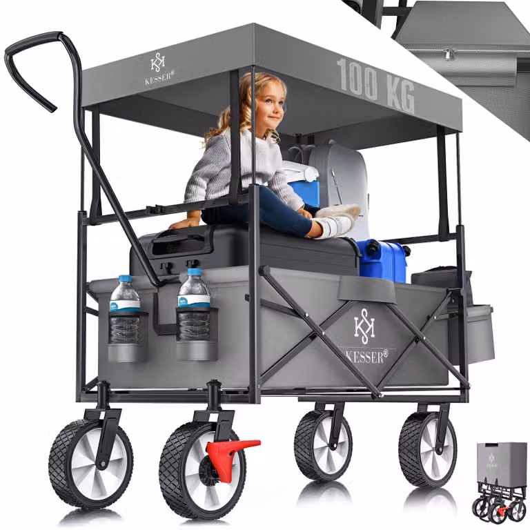 Carrello pieghevole KESSER® con tettuccio | Carrello a mano | Carrello da trasporto | Carrello portaattrezzi | Incl. 2 tasche a rete e 1 tasca esterna | Pieghevole | Pneumatici in gomma piena | Portata fino a 100 kg | Con freno sulla ruota anteriore