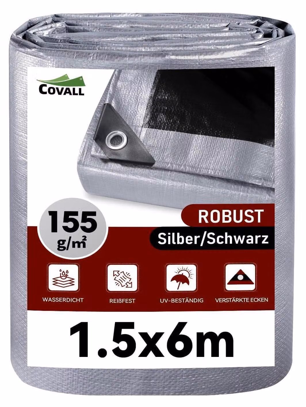Telo di copertura impermeabile con occhielli, 1,5 x 6 metri, 155 g/m², colore argento/nero