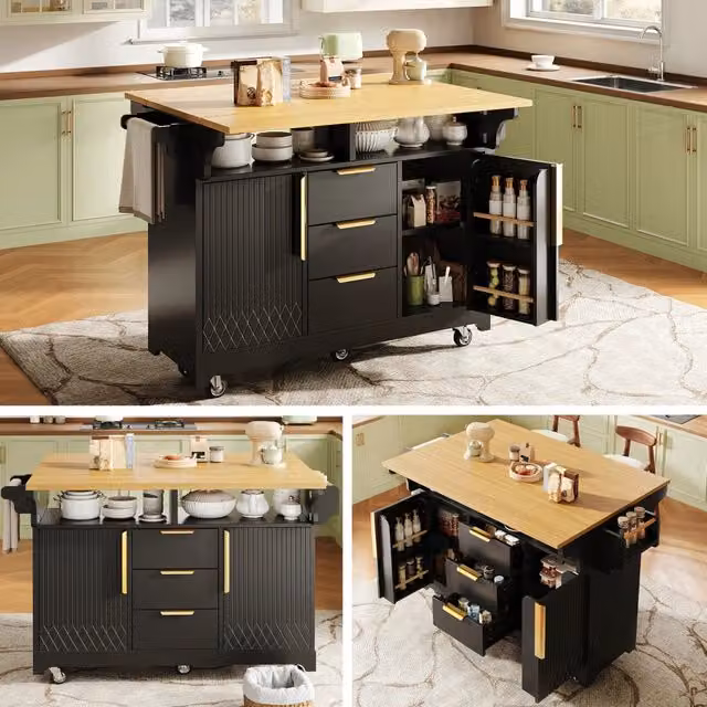 Isola Cucina Multifunzione con Estensione Tavolo Posizionabile, Ante a Motivo Verticale, Ampio Spazio con Cassetti, Piano Ribaltabile Bilaterale, Mobile su Ruote