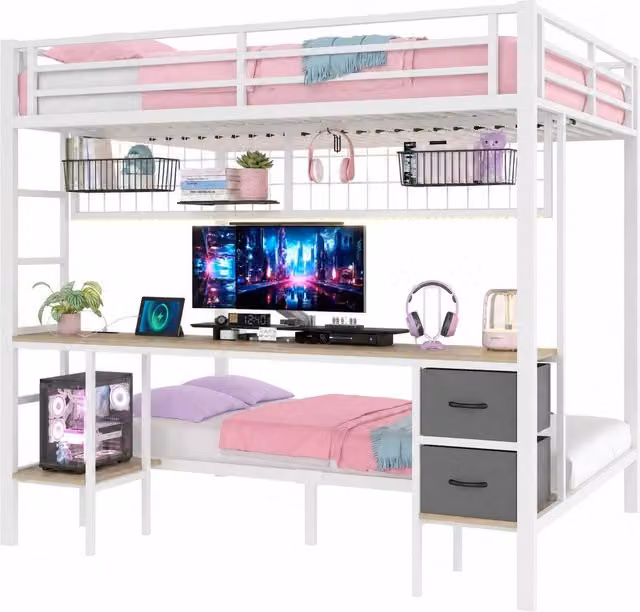 Letto a castello REDOM in metallo bianco per bambini con scrivania, cassetti, illuminazione sottostante e porta USB, L/P/H: 200 x 140 x 204 cm – 1