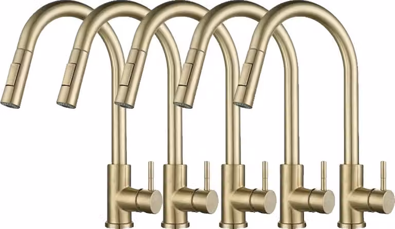 Rubinetto da cucina estraibile, acciaio inox, design girevole, nichel oro 5 pezzi