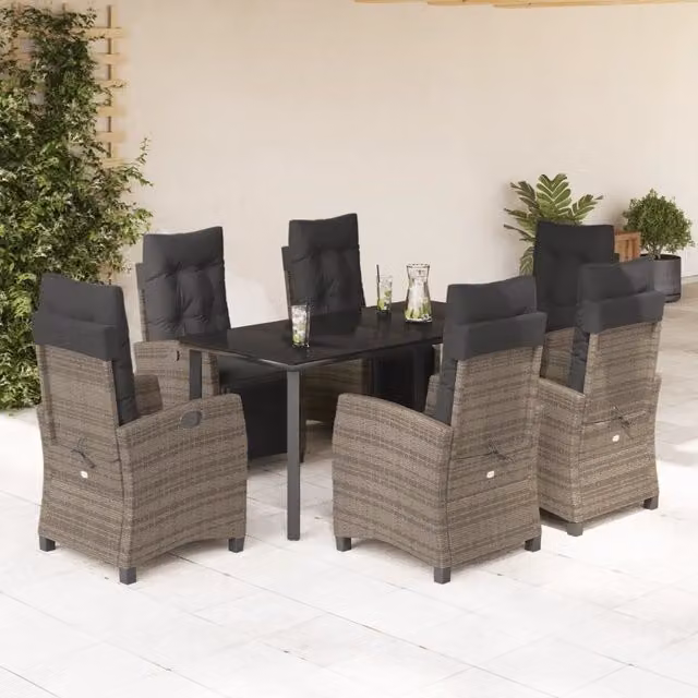 Set da Pranzo da Giardino vidaXL in Polyrattan e Vetro, 7 Pezzi, Grigio e Nero