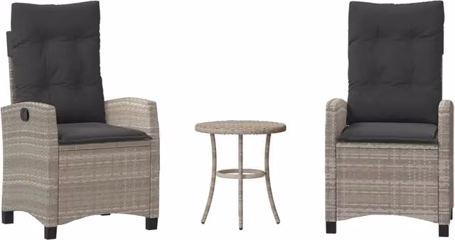 Set da bistrot 3 pezzi in polyrattan con cuscini grigio antracite per giardino e balcone