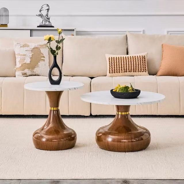 Set di 2 tavolini da caffè rotondi Minimal con effetto marmo e noce, design moderno, L/P: 60 x 45 cm – 1