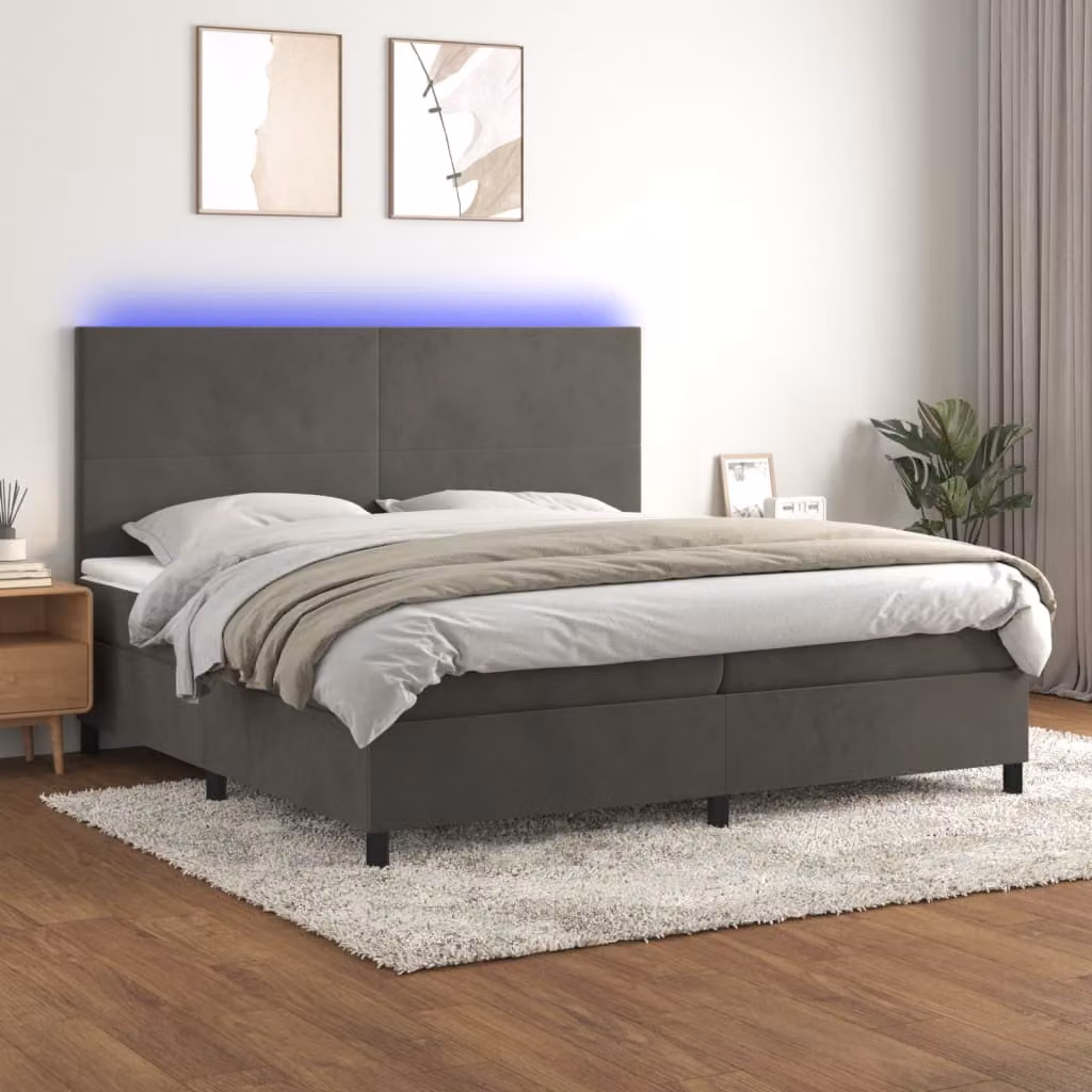 Letto Ibrido vidaXL con Materasso e Illuminazione LED, Rivestimento in Velluto Grigio e Bianco, L/P: 200 x 200 cm – 1