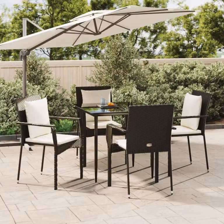 Set da pranzo da giardino moderno vidaXL in polyrattan nero con 5 pezzi e cuscini