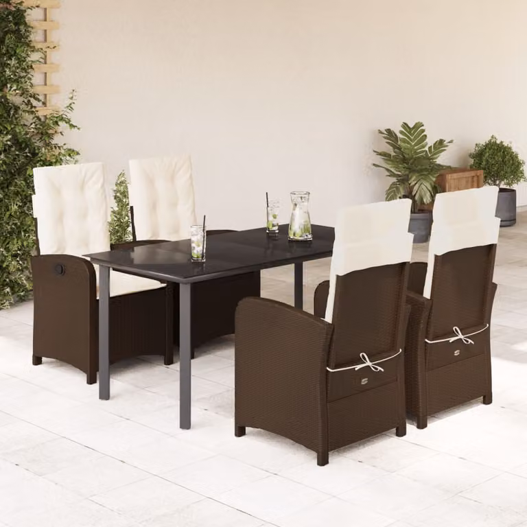 vidaXL Set da Pranzo da Giardino 5pz in Polyrattan Marrone con Piano in Vetro e Cuscini