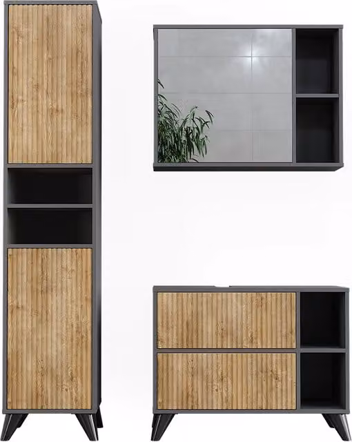 Set di mobili da bagno Leano Antracite/Rovere dorato 3 pezzi Vicco