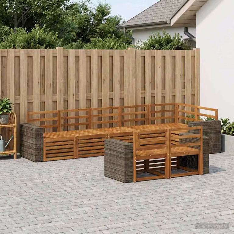Set di divani da esterno vidaXL a forma di U composto da 8 pezzi in legno di acacia e poliestere resistente ai raggi UV, colori bianco e marrone