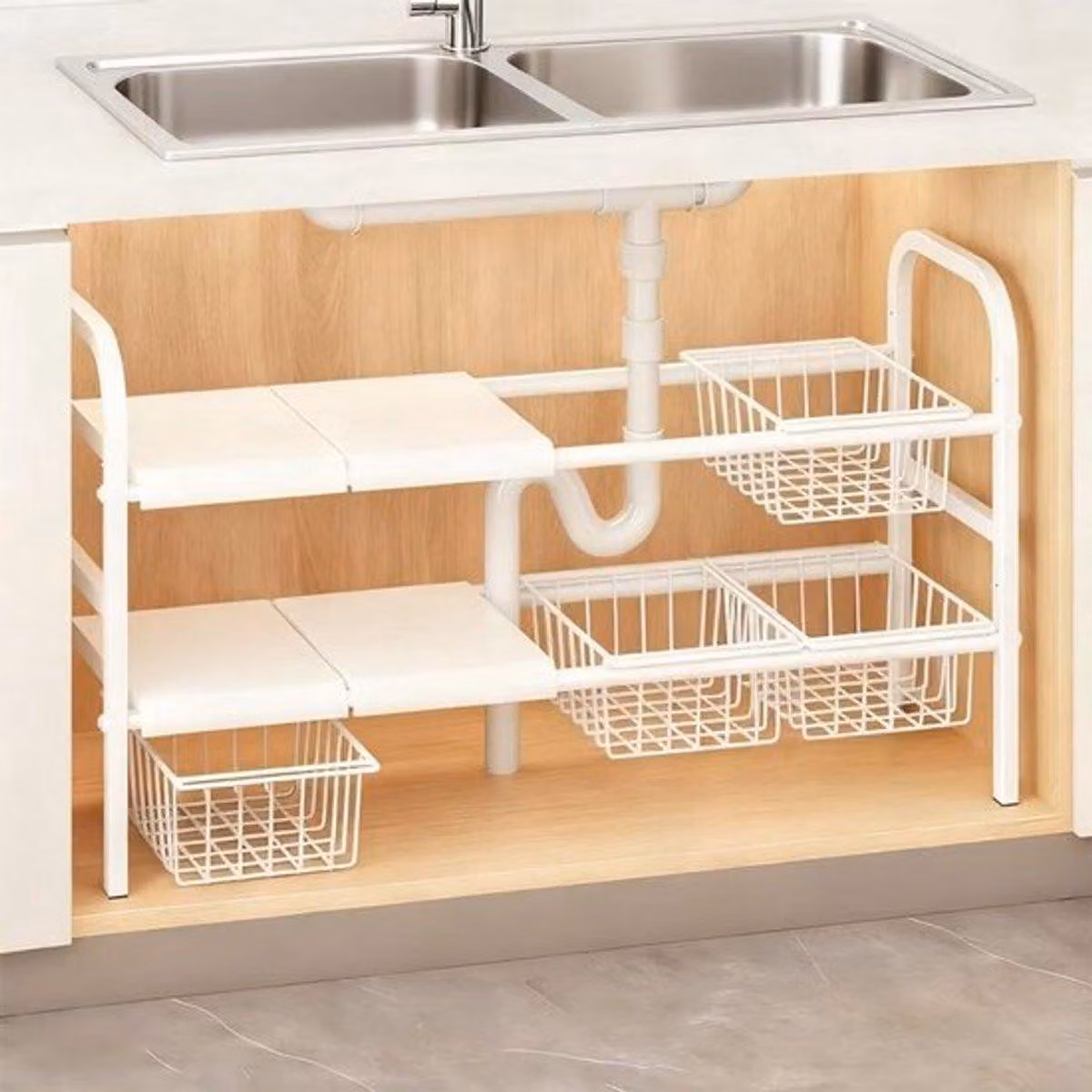 Organizzatore per lavello con 4 cesti e pannelli removibili, sistema di stoccaggio espandibile per la cucina, 2 livelli, ideale per l'organizzazione della cucina e
