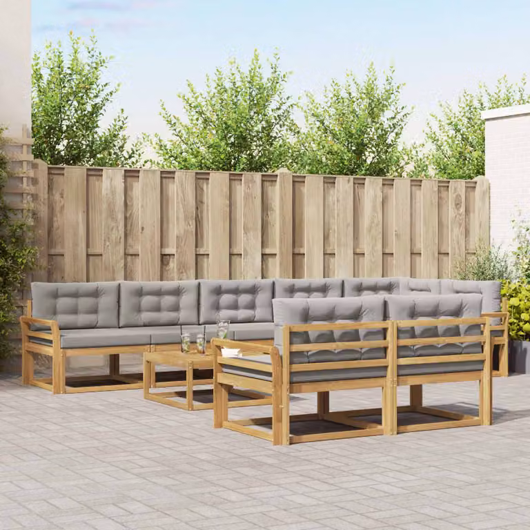 vidaXL Set di divani da esterno a forma di U composto da 9 pezzi in legno di acacia con cuscini, Bianco e Grigio
