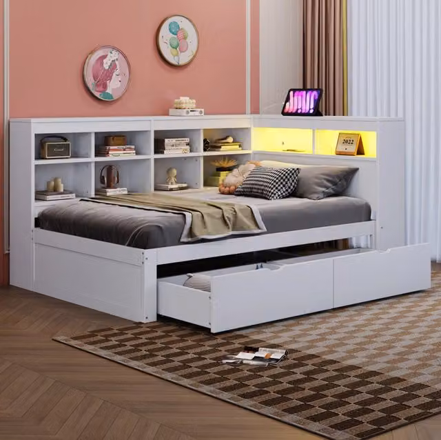 Letto 90x200 cm con contenitori; cassetti; USB e LED in legno